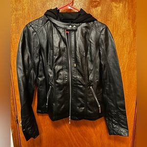 Guess faux leather double zip jacket with hood - Size Medium